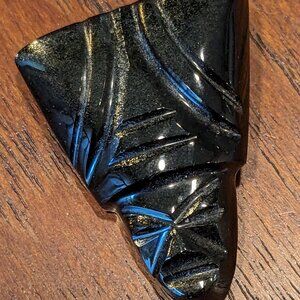 Vintage Mexican GOLD SHEEN OBSIDIAN Carved Brooch Pin Tribal Mask Aztec Folk Art